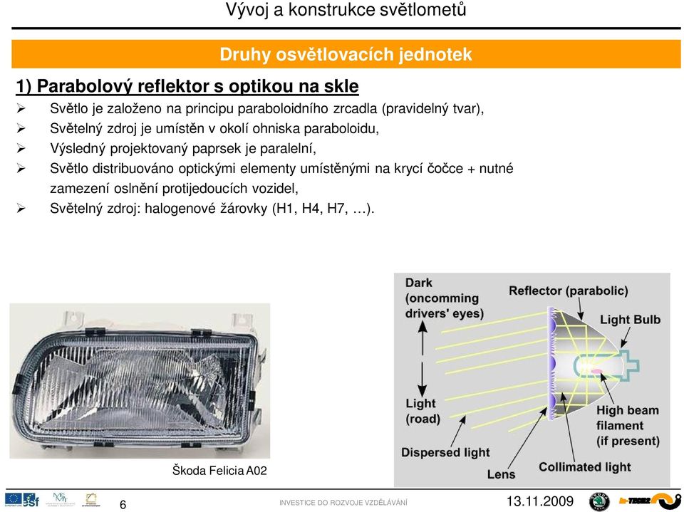 projektovaný paprsek je paralelní, Sv tlo distribuováno optickými elementy umíst nými na krycí ce + nutné