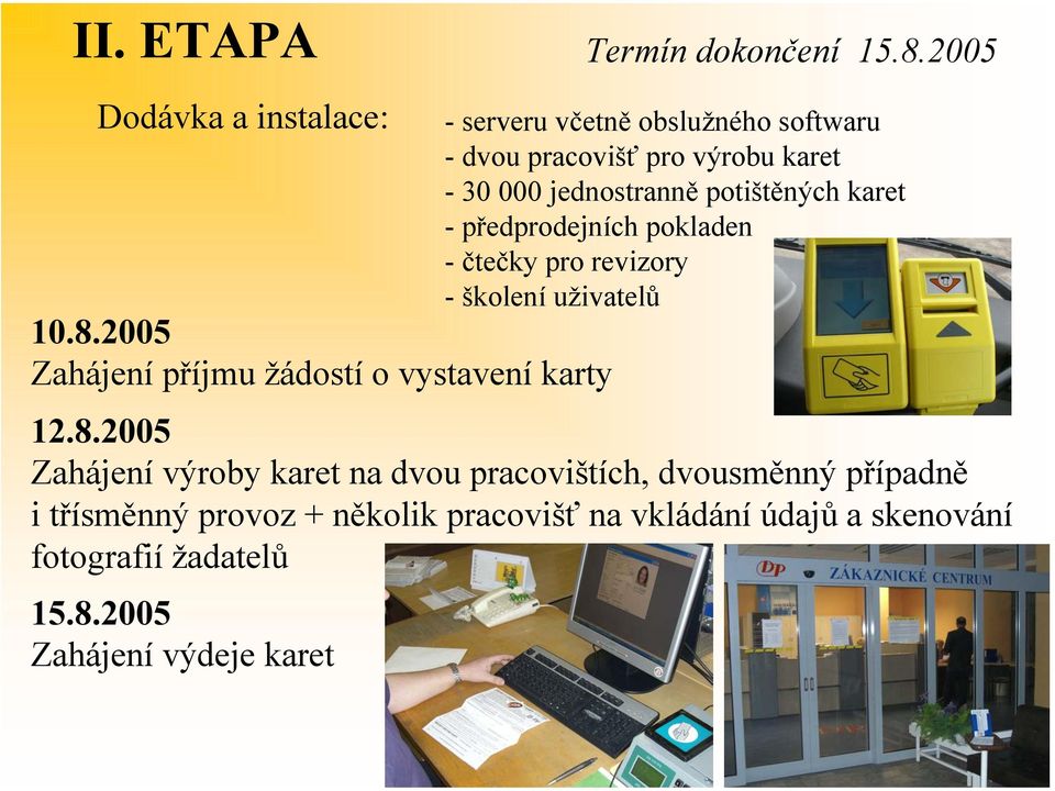 2005 Zahájení příjmu žádostí o vystavení karty -serveru včetně obslužného softwaru - dvou pracovišť pro výrobu karet -