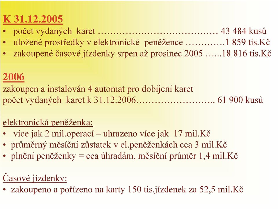 kč 2006 zakoupen a instalován 4 automat pro dobíjení karet počet vydaných karet k 31.12.2006.. 61 900 kusů elektronická peněženka: více jak 2 mil.