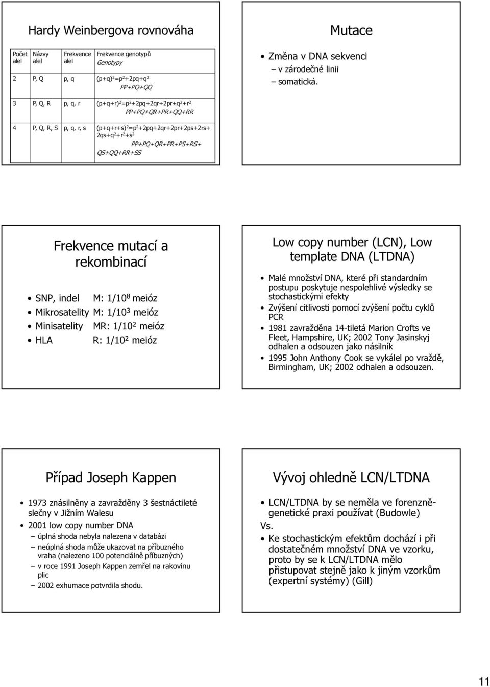 mutací a rekombinací SNP, indel M: 1/10 8 meióz Mikrosatelity M: 1/10 3 meióz Minisatelity MR: 1/10 2 meióz HLA R: 1/10 2 meióz Low copy number (LCN), Low template DNA (LTDNA) Malé množství DNA,