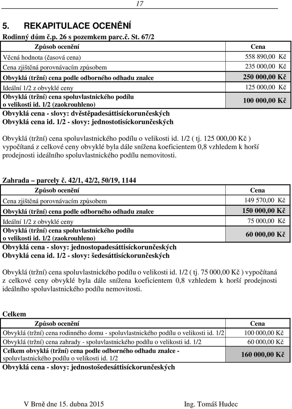 spoluvlastnického podílu o velikosti id. 1/2 (zaokrouhleno) Obvyklá cena - slovy: dvěstěpadesáttisíckorunčeských Obvyklá cena id.