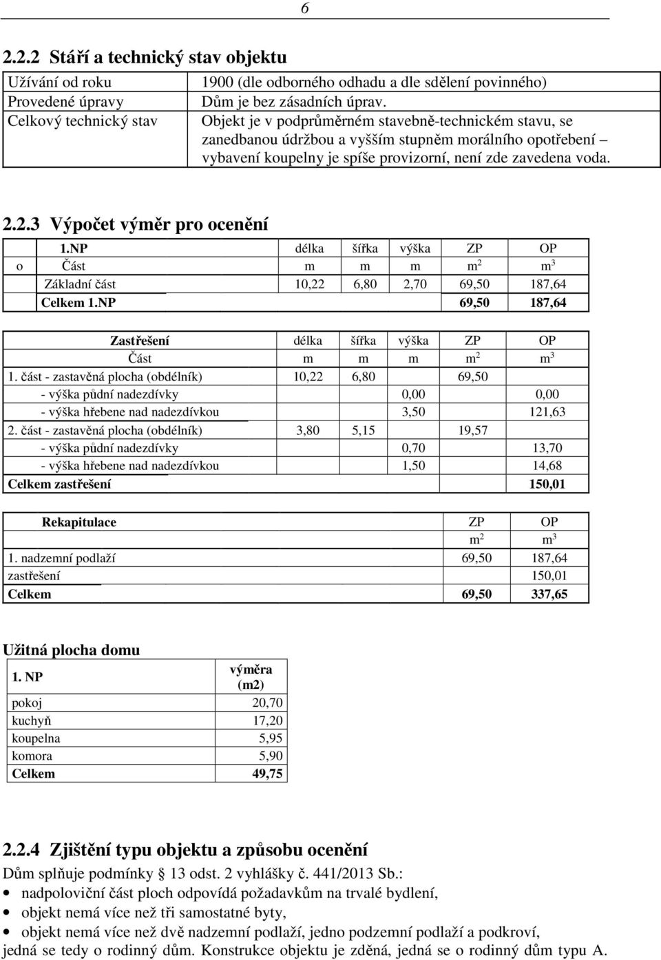 2.3 Výpočet výměr pro ocenění 1.NP délka šířka výška ZP OP o Část m m m m 2 m 3 Základní část 10,22 6,80 2,70 69,50 187,64 Celkem 1.