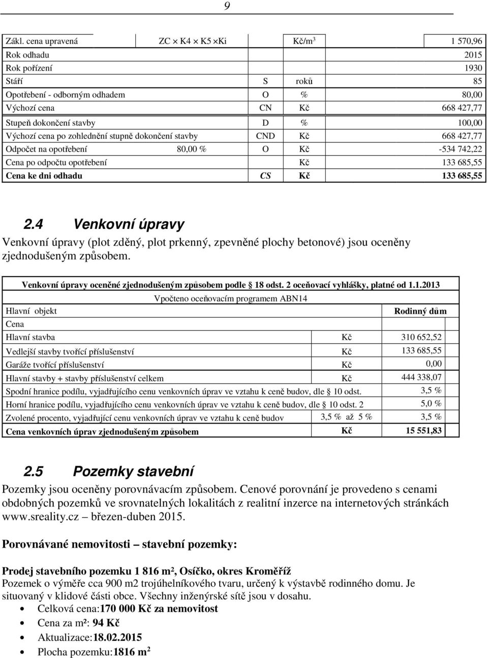 Výchozí cena po zohlednění stupně dokončení stavby CND Kč 668 427,77 Odpočet na opotřebení 80,00 % O Kč -534 742,22 Cena po odpočtu opotřebení Kč 133 685,55 Cena ke dni odhadu CS Kč 133 685,55 2.