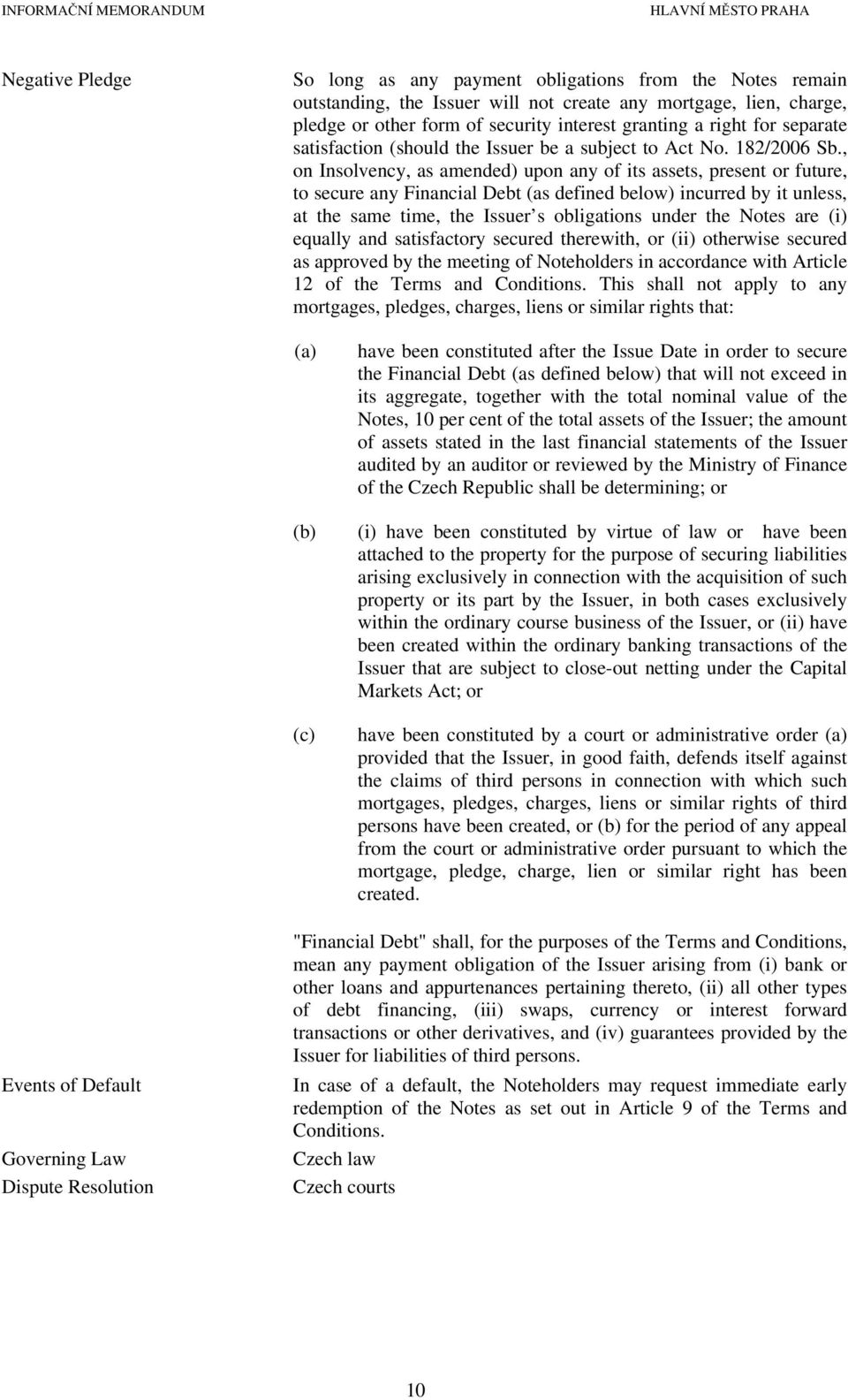 , on Insolvency, as amended) upon any of its assets, present or future, to secure any Financial Debt (as defined below) incurred by it unless, at the same time, the Issuer s obligations under the