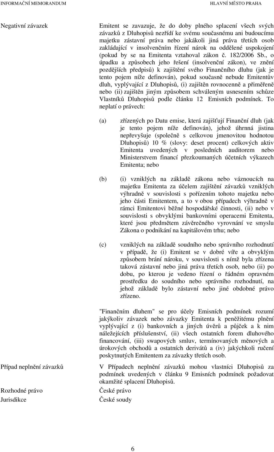 , o úpadku a způsobech jeho řešení (insolvenční zákon), ve znění pozdějších předpisů) k zajištění svého Finančního dluhu (jak je tento pojem níže definován), pokud současně nebude Emitentův dluh,