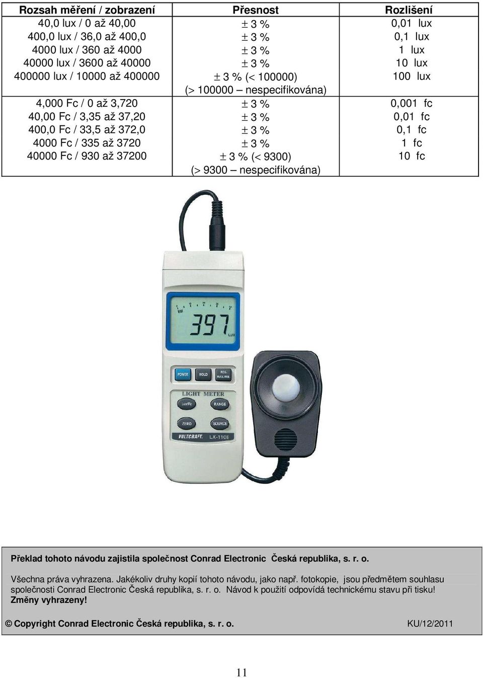 Fc / 335 až 3720 ± 3 % 1 fc 40000 Fc / 930 až 37200 ± 3 % (< 9300) 10 fc (> 9300 nespecifikována) Překlad tohoto návodu zajistila společnost Conrad Electronic Česká republika, s. r. o.