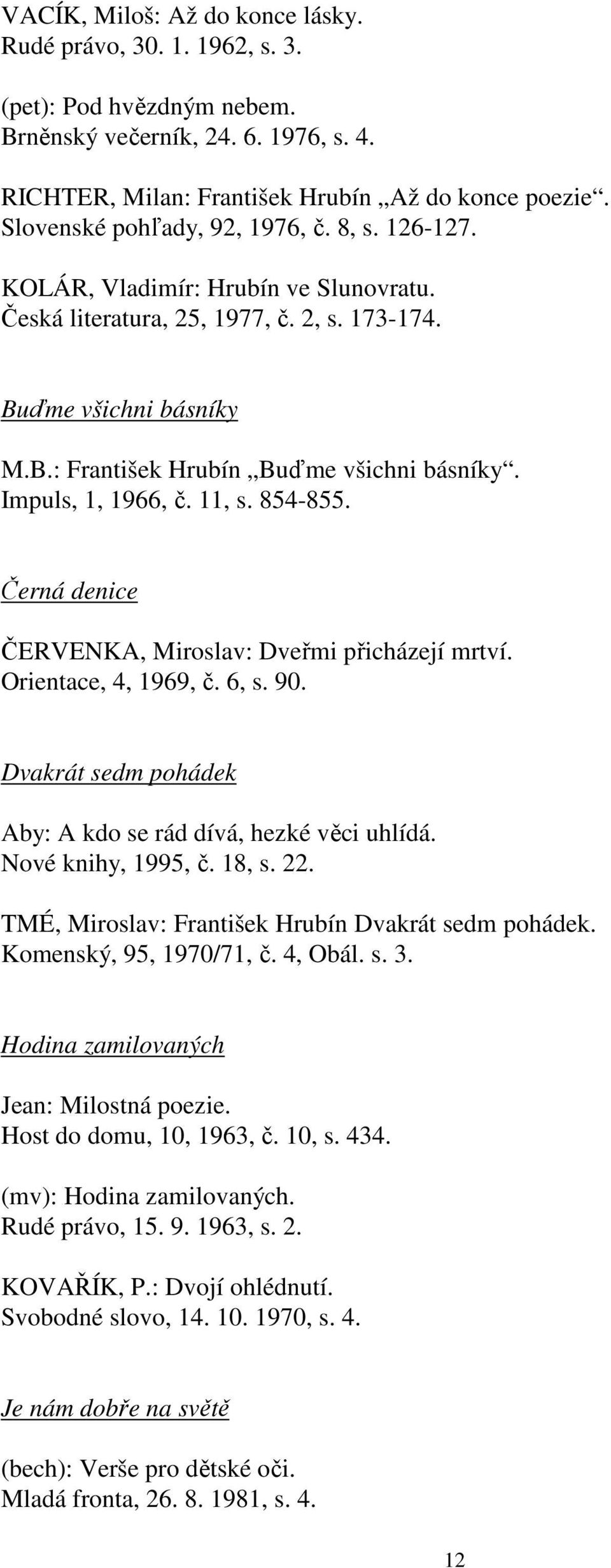 Impuls, 1, 1966, č. 11, s. 854-855. Černá denice ČERVENKA, Miroslav: Dveřmi přicházejí mrtví. Orientace, 4, 1969, č. 6, s. 90. Dvakrát sedm pohádek Aby: A kdo se rád dívá, hezké věci uhlídá.