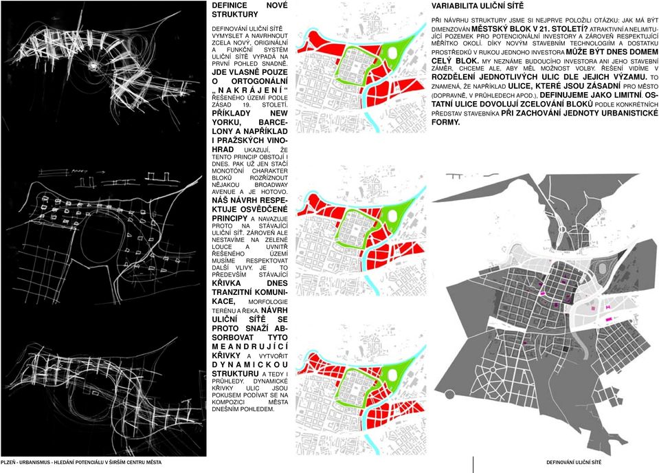 PAK UŽ JEN STAČÍ MONOTÓNÍ CHARAKTER BLOKŮ ROZŘÍZNOUT NĚJAKOU BROADWAY AVENUE A JE HOTOVO. NÁŠ NÁVRH RESPE- KTUJE OSVĚDČENÉ PRINCIPY A NAVAZUJE PROTO NA STÁVAJÍCÍ ULIČNÍ SÍŤ.