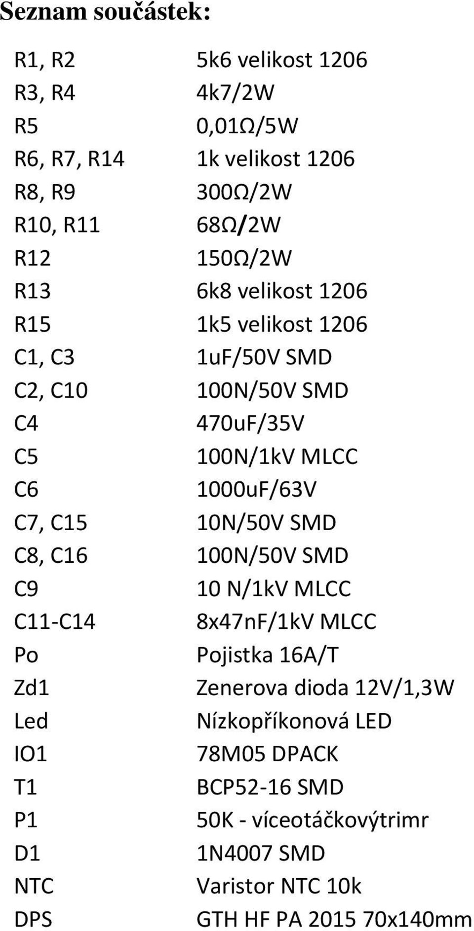 1000uF/63V C7, C15 10N/50V SMD C8, C16 100N/50V SMD C9 10 N/1kV MLCC C11-C14 8x47nF/1kV MLCC Po Pojistka 16A/T Zd1 Zenerova dioda