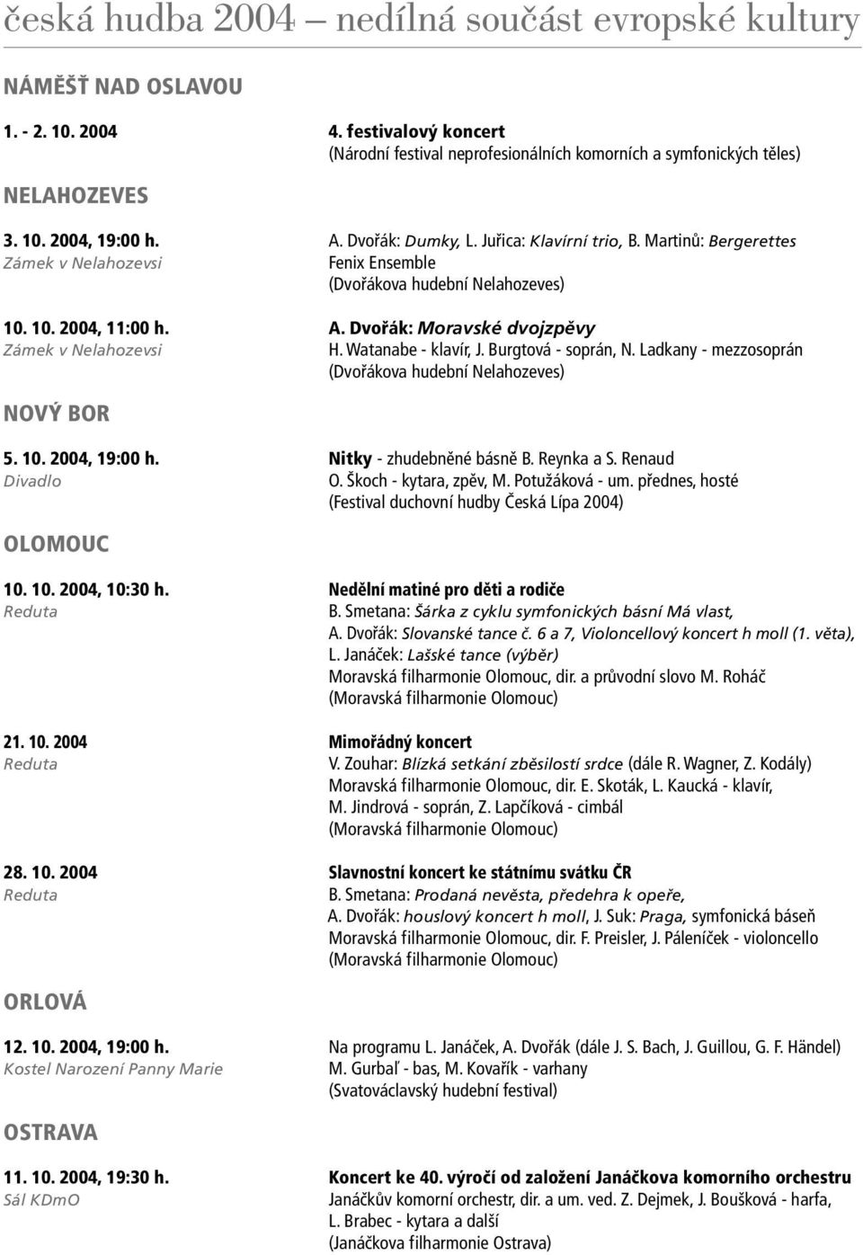 Watanabe - klavír, J. Burgtová - soprán, N. Ladkany - mezzosoprán (Dvořákova hudební Nelahozeves) NOVÝ BOR 5. 10. 2004, 19:00 h. Nitky - zhudebněné básně B. Reynka a S. Renaud Divadlo O.