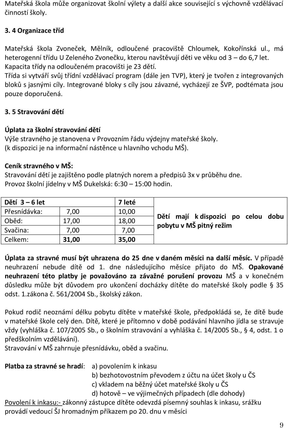 Kapacita třídy na odloučeném pracovišti je 23 dětí. Třída si vytváří svůj třídní vzdělávací program (dále jen TVP), který je tvořen z integrovaných bloků s jasnými cíly.