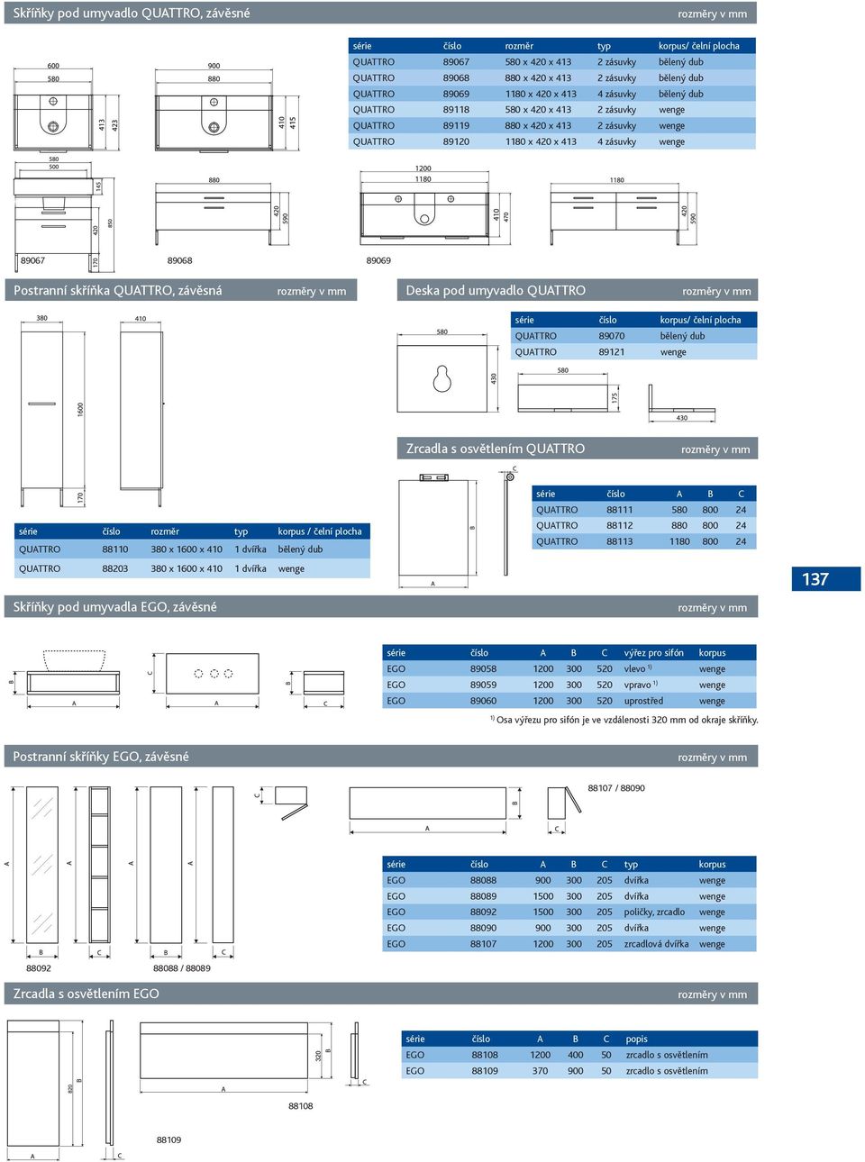 QUATTRO, závěsná Deska pod umyvadlo QUATTRO korpus/ čelní plocha QUATTRO 89070 bělený dub QUATTRO 89121 wenge Zrcadla s osvětlením QUATTRO rozměr typ korpus / čelní plocha QUATTRO 88110 380 x 1600 x