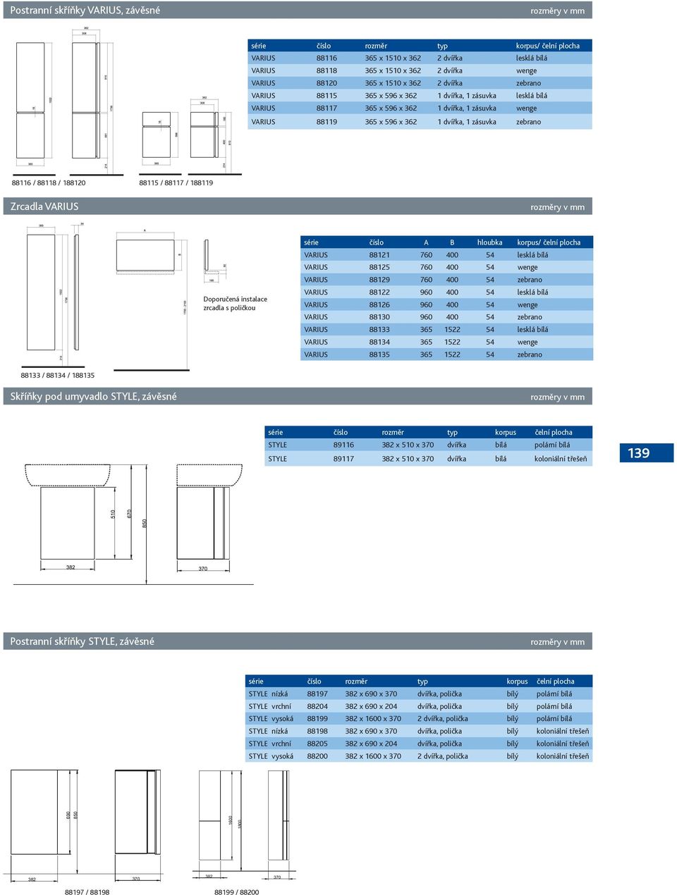 88118 / 188120 88115 / 88117 / 188119 Zrcadla VARIUS Doporučená instalace zrcadla s poličkou A B hloubka korpus/ čelní plocha VARIUS 88121 760 400 54 lesklá bílá VARIUS 88125 760 400 54 wenge VARIUS