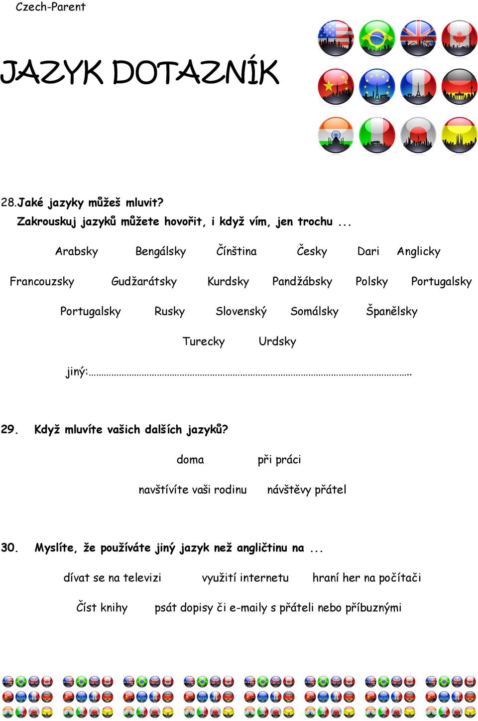 Somálsky Španělsky Turecky Urdsky jiný:.. 29. Když mluvíte vašich dalších jazyků? doma navštívíte vaši rodinu při práci návštěvy přátel 30.