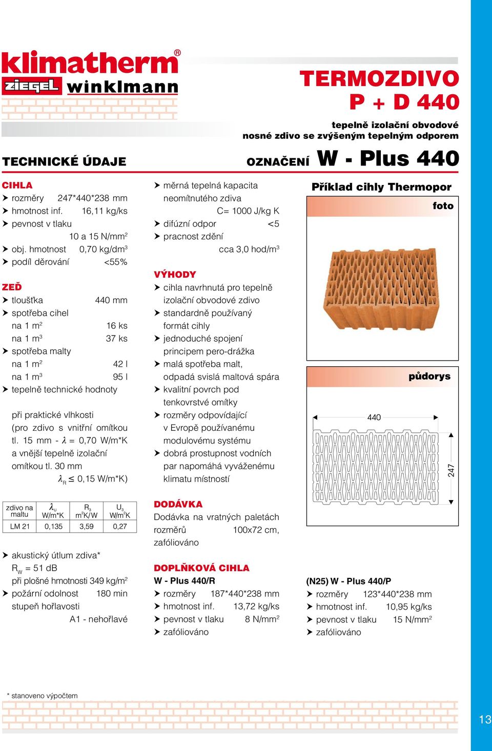 30 mm l R 0,15 W/m*K) měrná tepelná kapacita neomítnutého zdiva C= 1000 J/kg K difúzní odpor <5 cca 3,0 hod/m 3 cihla navrhnutá pro tepelně izolační obvodové zdivo standardně používaný formát cihly