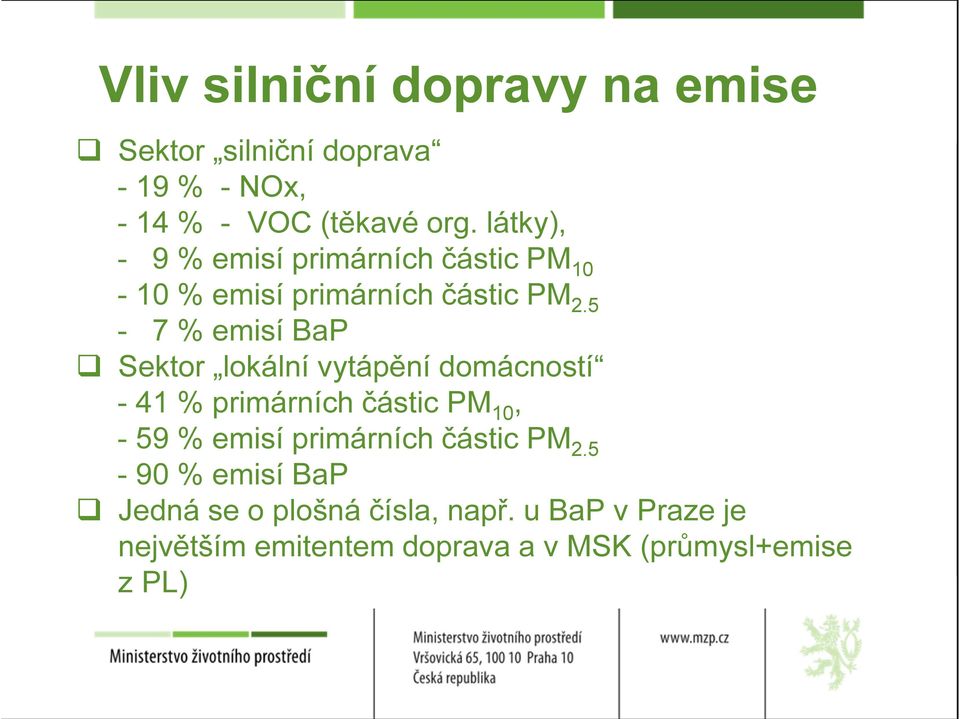 5-7 % emisí BaP Sektor lokální vytápění domácností - 41 % primárních částic PM 10, - 59 % emisí