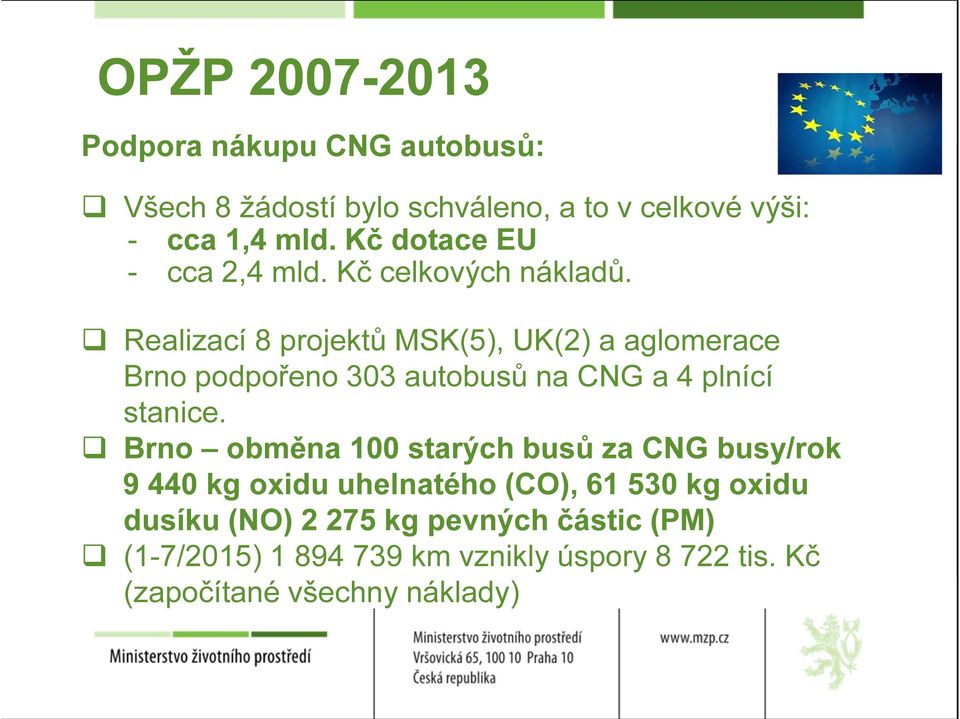 Realizací 8 projektů MSK(5), UK(2) a aglomerace Brno podpořeno 303 autobusů na CNG a 4 plnící stanice.