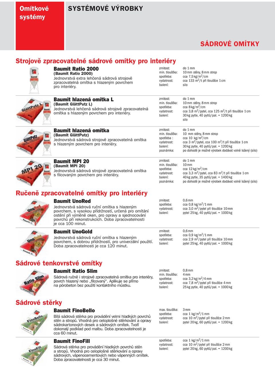 do 1 mm 10 mm stěny, 8 mm strop cca 7,5 kg/m 2 /cm cca 133 m 2 /t při tloušťce 1 cm silo Baumit hlazená omítka L (Baumit GlättPutz L) Jednovrstvá lehčená sádrová strojově zpracovatelná  Baumit