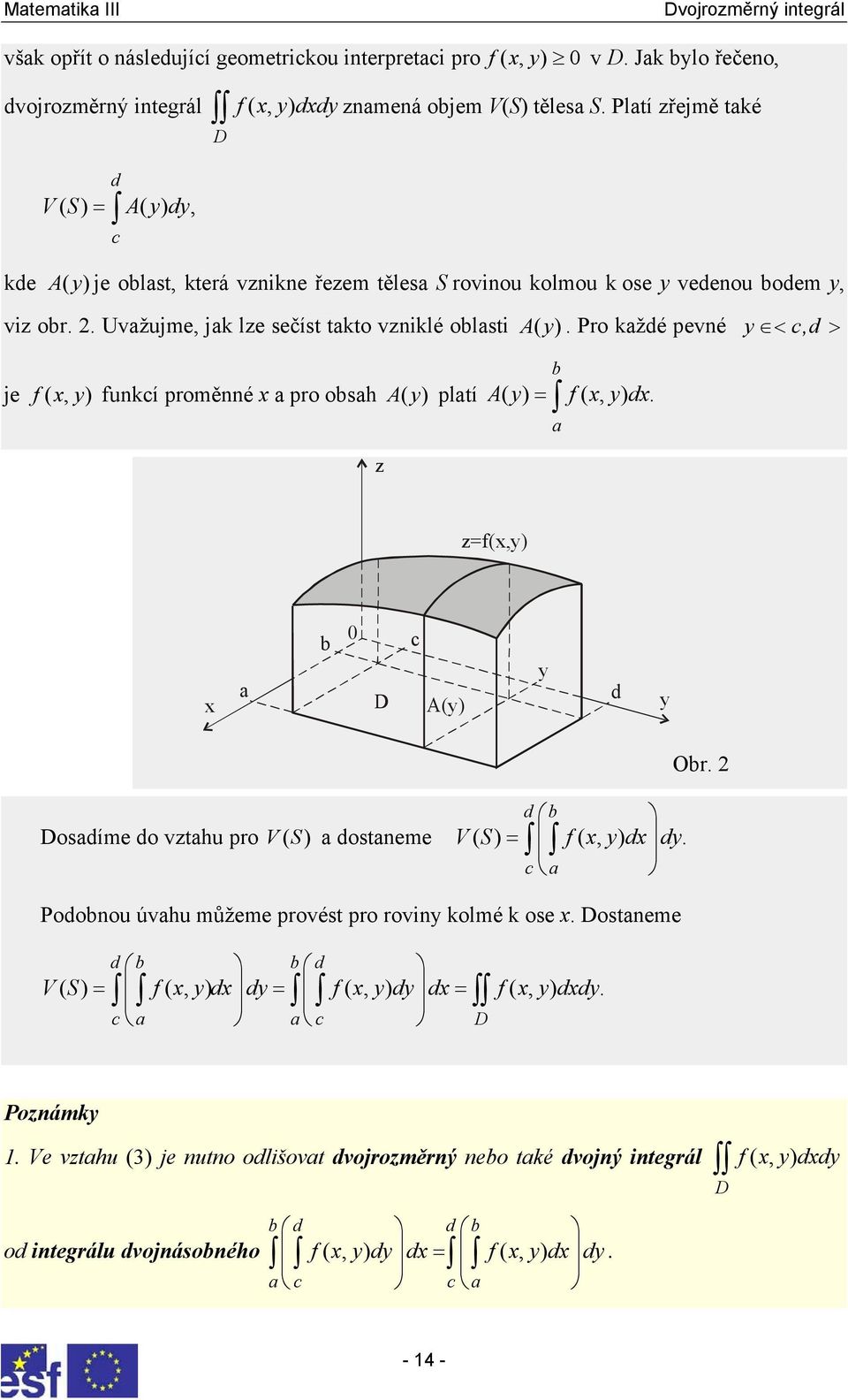 Pro aždé pevné y < c, d > b je f (, y ) funcí proměnné a pro obsah A( y ) platí A( y) = f(, y) d. z a z=f(,y) a b 0 D c A(y) y d y Dosadíme do vztahu pro V( S ) a dostaneme V( S) = f(, y) d dy.