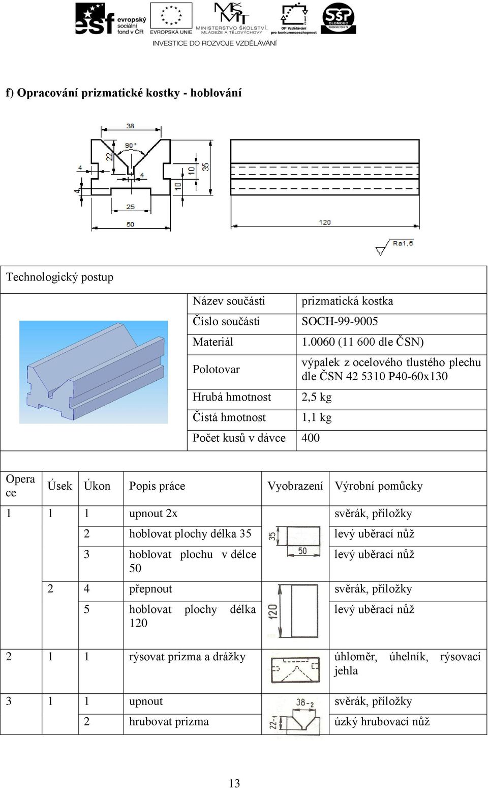 0060 (11 600 dle ČSN) výpalek z ocelového tlustého plechu dle ČSN 42 5310 P40-60x130 2,5 kg 1,1 kg Počet kusů v dávce 400 Opera ce Úsek Úkon Popis práce Vyobrazení Výrobní