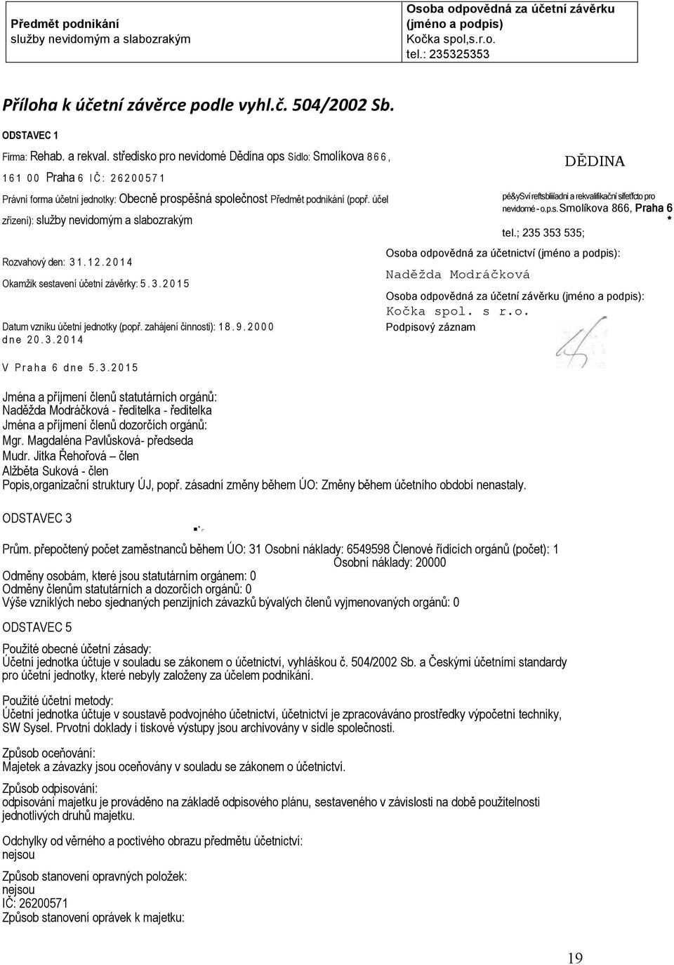 středisko pro nevidomé Dědina ops Sídlo: Smolíkova 8 6 6, 1 6 1 0 0 Praha 6 I Č : 2 6 2 0 0 5 7 1 Právní forma účetní jednotky: Obecně prospěšná společnost Předmět podnikání (popř.