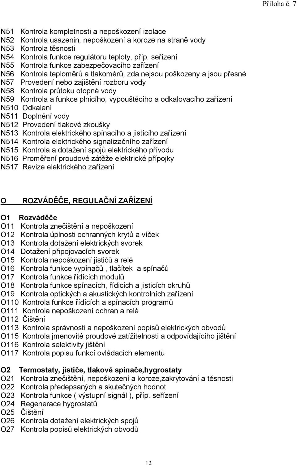 N59 Kontrola a funkce plnicího, vypouštěcího a odkalovacího zařízení N510 Odkalení N511 Doplnění vody N512 Provedení tlakové zkoušky N513 Kontrola elektrického spínacího a jistícího zařízení N514