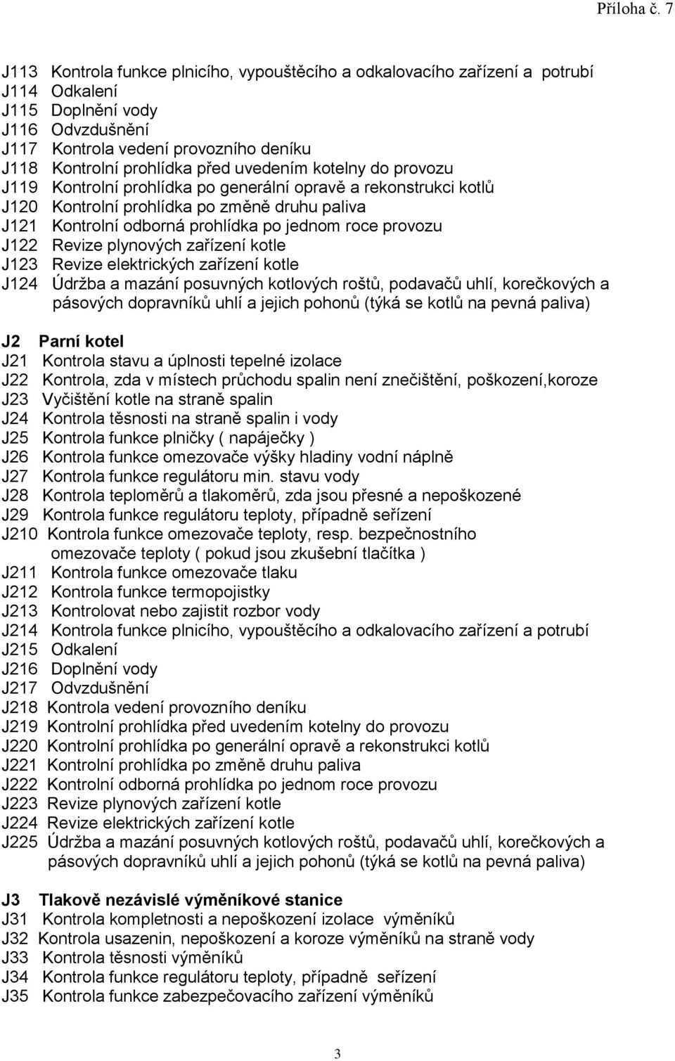 J122 Revize plynových zařízení kotle J123 Revize elektrických zařízení kotle J124 Údržba a mazání posuvných kotlových roštů, podavačů uhlí, korečkových a pásových dopravníků uhlí a jejich pohonů