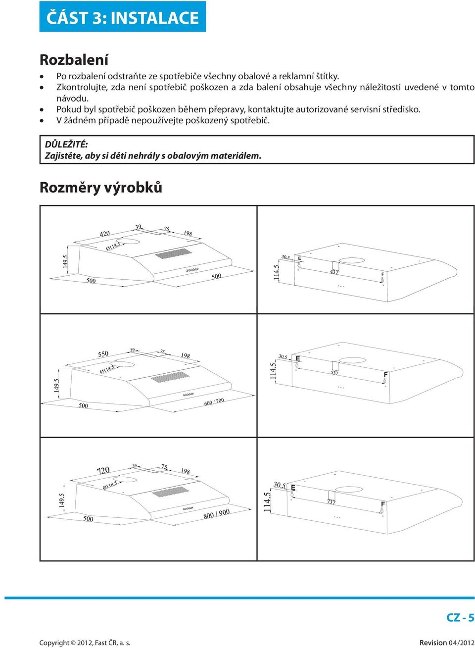 Pokud byl spotřebič poškozen během přepravy, kontaktujte autorizované servisní středisko.