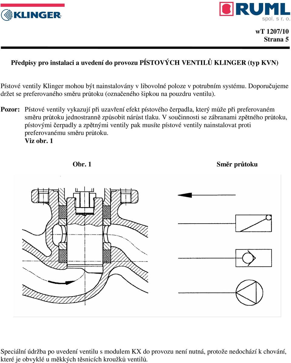 Pozor: Pístové ventily vykazují při uzavření efekt pístového čerpadla, který může při preferovaném směru průtoku jednostranně způsobit nárůst tlaku.