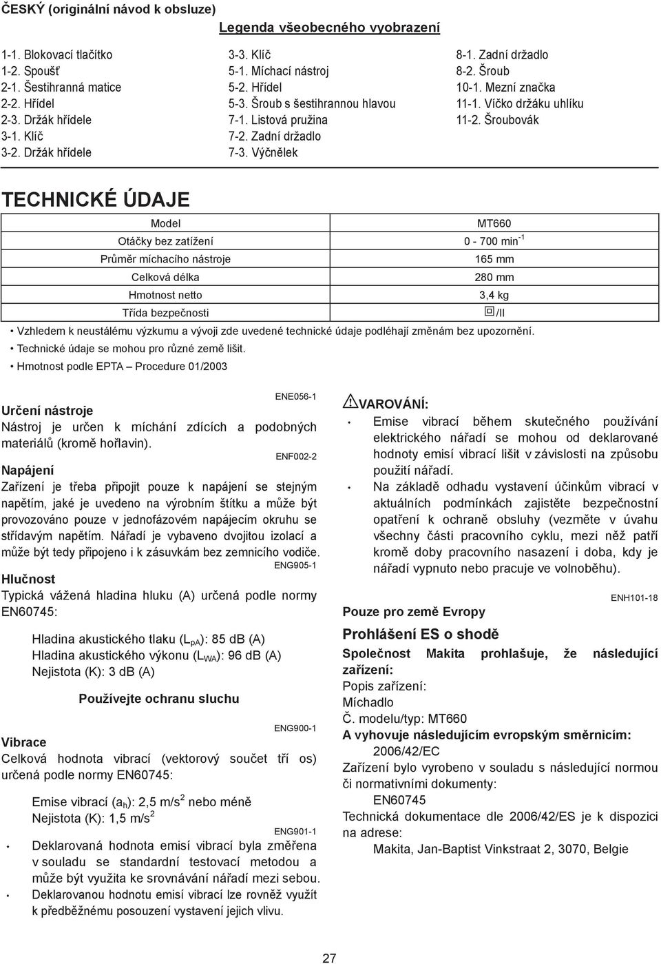 Šroubovák TECHNICKÉ ÚDAJE Model MT660 Otá ky bez zatížení 0-700 min - Pr m r míchacího nástroje 65 mm Celková délka 80 mm Hmotnost netto,4 kg T ída bezpe nosti /II Vzhledem k neustálému výzkumu a