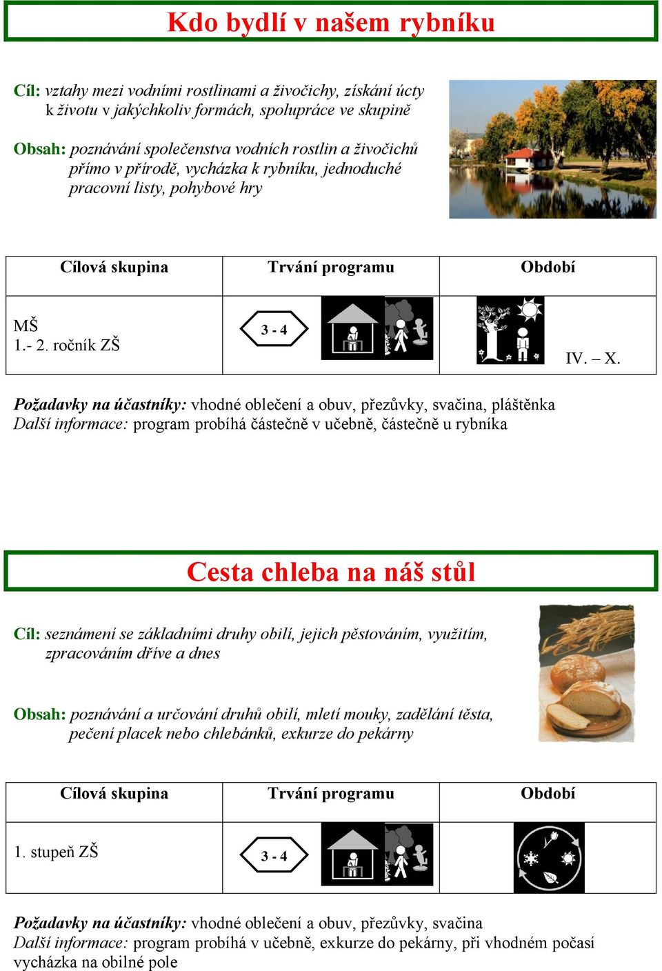 Požadavky na účastníky: vhodné oblečení a obuv, přezůvky, svačina, pláštěnka Další informace: program probíhá částečně v učebně, částečně u rybníka Cesta chleba na náš stůl Cíl: seznámení se