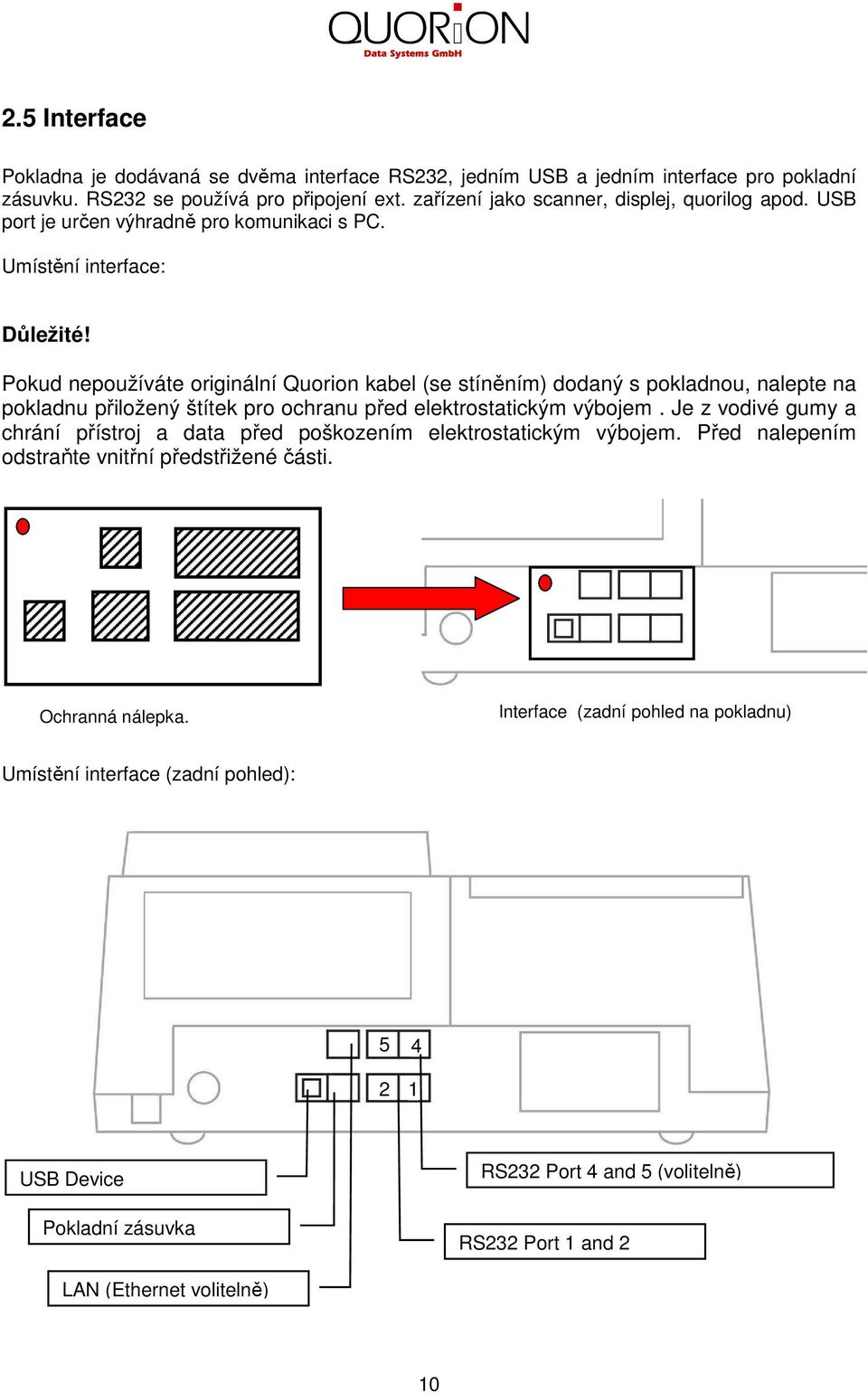 Pokud nepoužíváte originální Quorion kabel (se stíněním) dodaný s pokladnou, nalepte na pokladnu přiložený štítek pro ochranu před elektrostatickým výbojem.