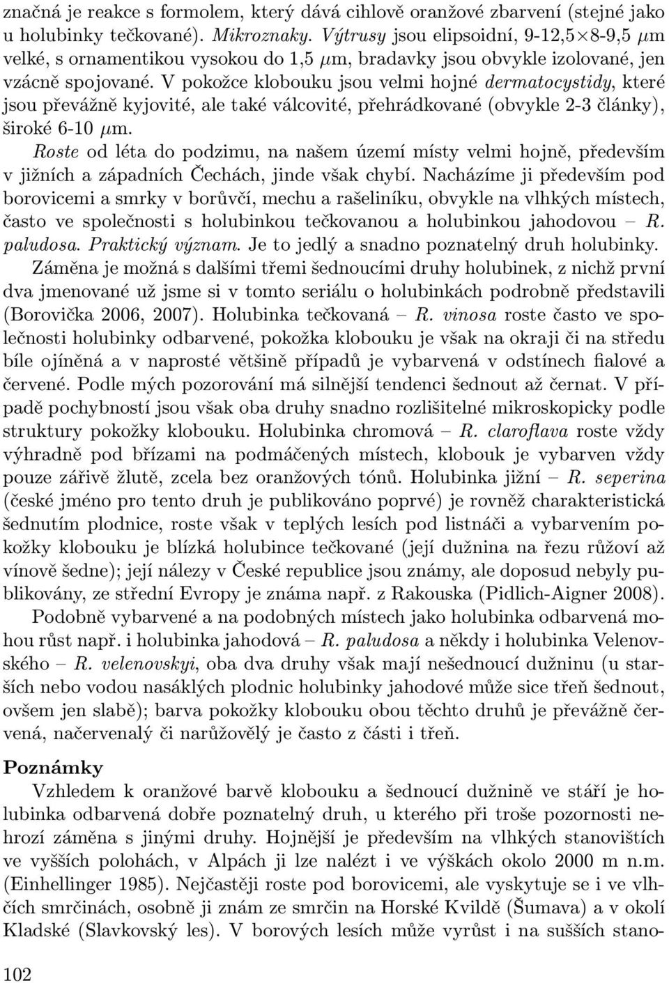 V pokožce klobouku jsou velmi hojné dermatocystidy, které jsou převážně kyjovité, ale také válcovité, přehrádkované (obvykle 2-3 články), široké 6-10 µm.