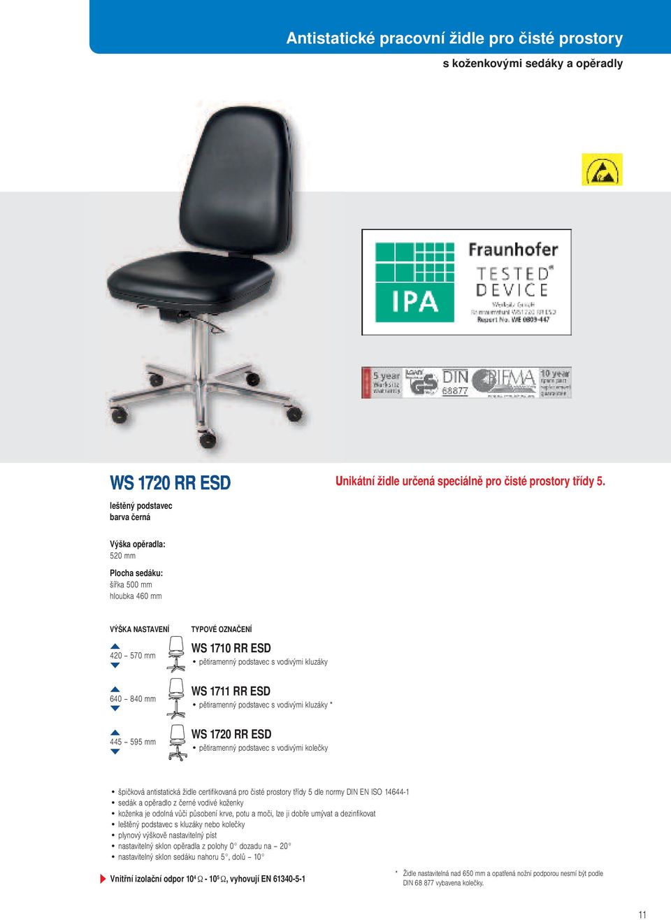 WS 1720 RR ESD pětiramenný podstavec s vodivými kolečky špičková antistatická židle certifikovaná pro čisté prostory třídy 5 dle normy DIN EN ISO 14644-1 sedák a opěradlo z černé vodivé koženky
