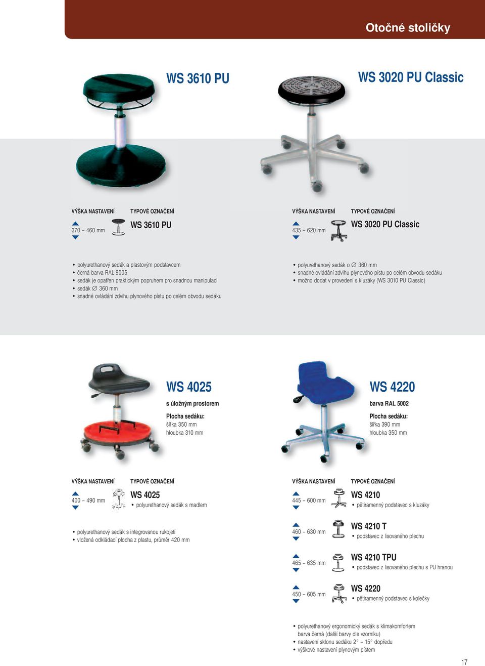 dodat v provedení s kluzáky (WS 3010 PU Classic) WS 4025 s úložným prostorem šířka 350 mm hloubka 310 mm WS 4220 barva RAL 5002 šířka 390 mm hloubka 350 mm 400 490 mm WS 4025 polyurethanový sedák s