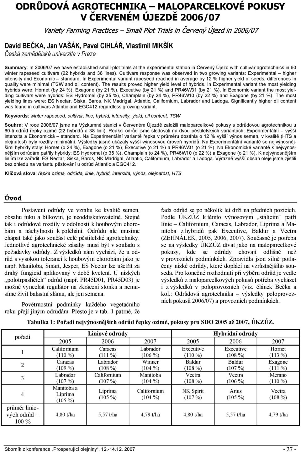 (22 hybrids and 38 lines). Cultivars response was observed in two growing variants: Experimental higher intensity and Economic standard.