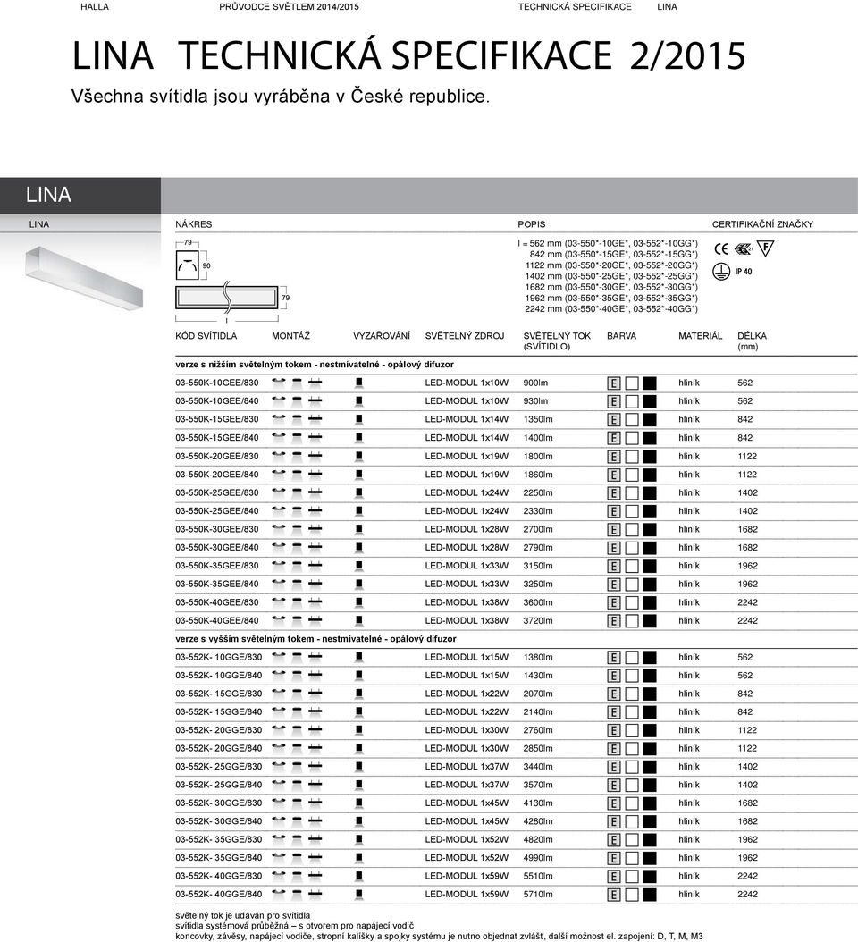 1962 mm (03-550*-35GE*, 03-552*-35GG*) 2242 mm (03-550*-40GE*, 03-552*-40GG*) verze s nižším světelným tokem - nestmívatelné - opálový difuzor 03-550K-10GEE/830 LED-MODUL 1x10W 900lm hliník 562