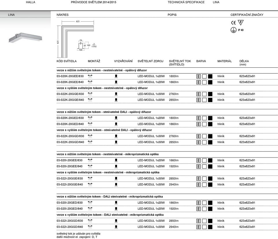 s nižším světelným tokem - stmívatelné DALI - opálový difuzor 03-020K-20GED/830 LED-MODUL 1x20W 1800lm hliník 623x623x91 03-020K-20GED/840 LED-MODUL 1x20W 1860lm hliník 623x623x91 verze s vyšším