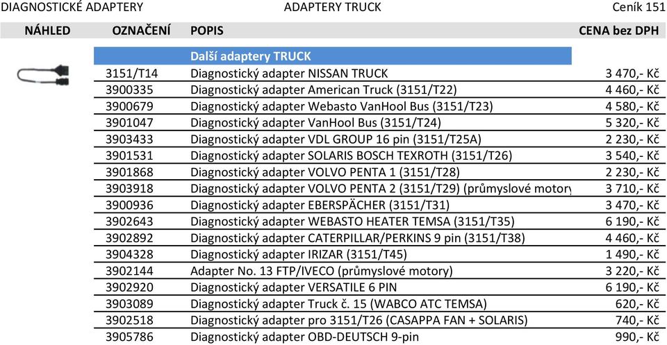 Diagnostický adapter SOLARIS BOSCH TEXROTH (3151/T26) 3540,- Kč 3901868 Diagnostický adapter VOLVO PENTA 1 (3151/T28) 2230,- Kč 3903918 Diagnostický adapter VOLVO PENTA 2 (3151/T29)(průmyslové