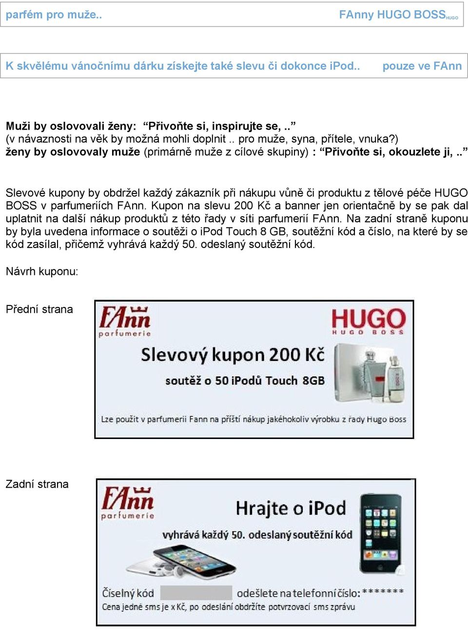 . Slevové kupony by obdržel každý zákazník při nákupu vůně či produktu z tělové péče HUGO BOSS v parfumeriích FAnn.