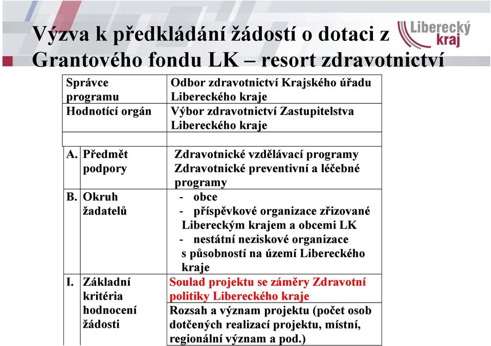 Základní kritéria hodnocení žádosti Zdravotnické vzdělávací programy Zdravotnické preventivní a léčebné programy - obce - příspěvkové organizace zřizované Libereckým