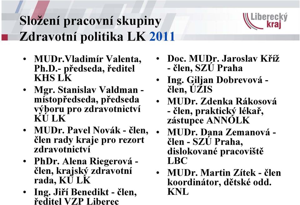 Alena Riegerová - člen, krajský zdravotní rada, KÚ LK Ing. JiříBenedikt -člen, ředitel VZP Liberec Doc. MUDr. Jaroslav Kříž - člen, SZÚ Praha Ing.