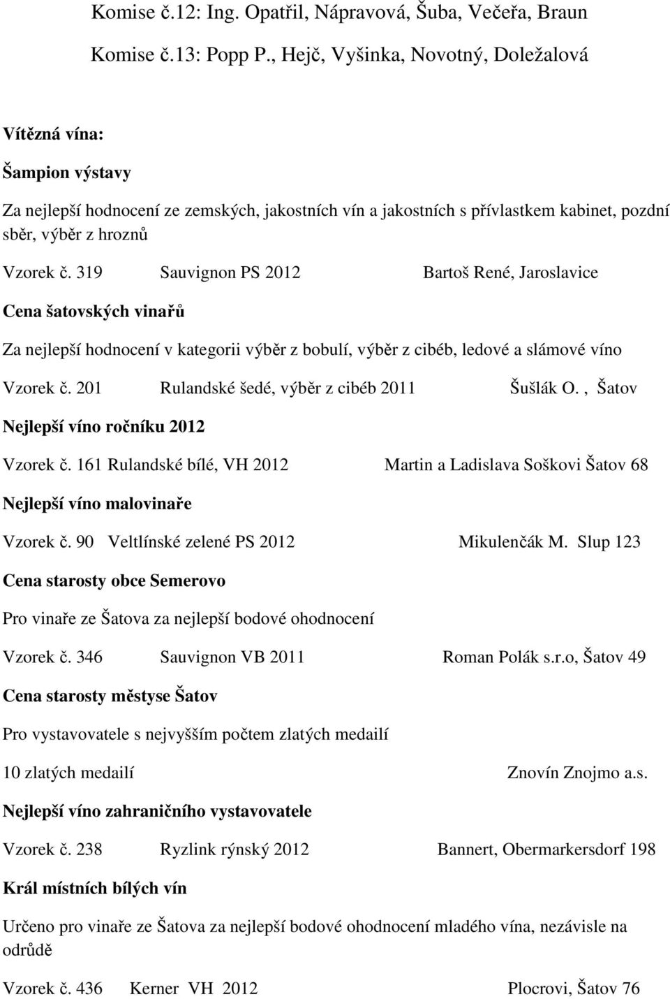 319 Sauvignon PS 2012 Bartoš René, Jaroslavice Cena šatovských vinařů Za nejlepší hodnocení v kategorii výběr z bobulí, výběr z cibéb, ledové a slámové víno Vzorek č.