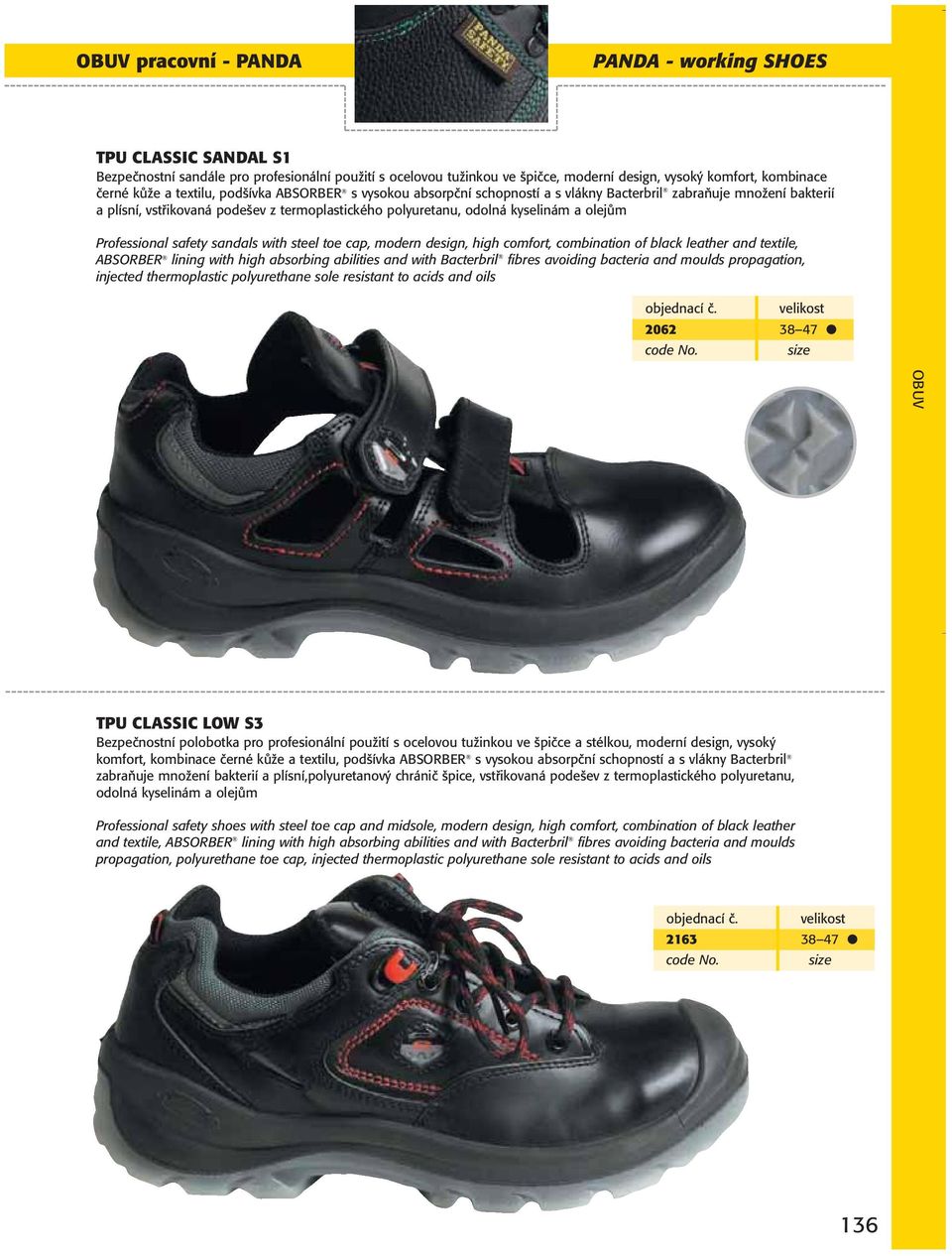 Professional safety sandals with steel toe cap, modern design, high comfort, combination of black leather and textile, ABSORBER lining with high absorbing abilities and with Bacterbril fibres