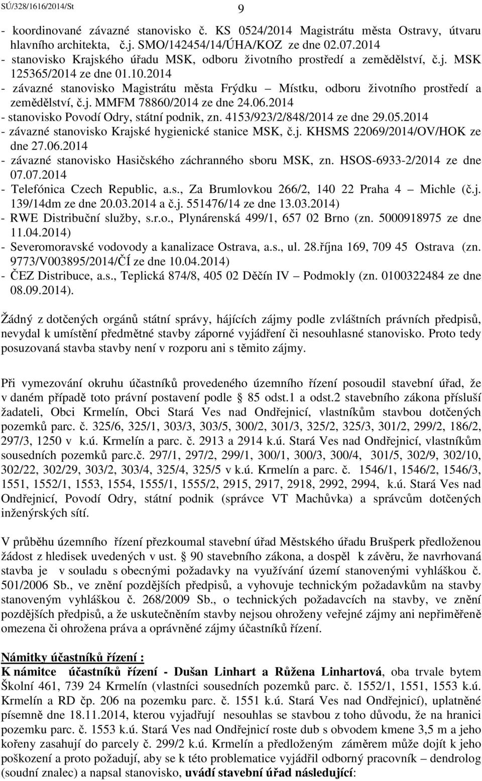 2014 - závazné stanovisko Magistrátu města Frýdku Místku, odboru životního prostředí a zemědělství, č.j. MMFM 78860/2014 ze dne 24.06.2014 - stanovisko Povodí Odry, státní podnik, zn.