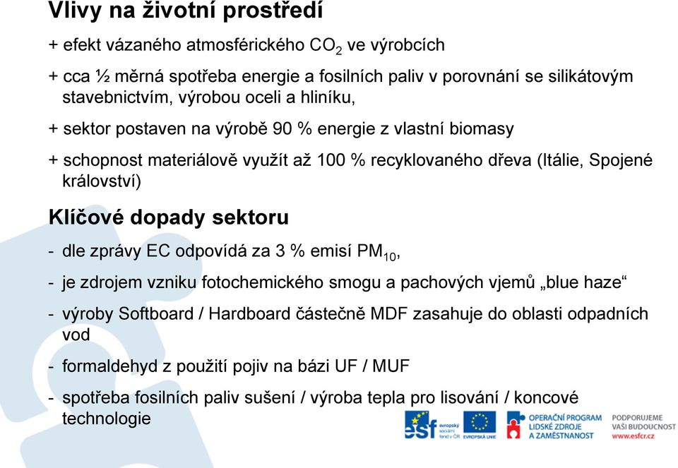 království) Klíčové dopady sektoru - dle zprávy EC odpovídá za 3 % emisí PM 10, - je zdrojem vzniku fotochemického smogu a pachových vjemů blue haze - výroby Softboard /