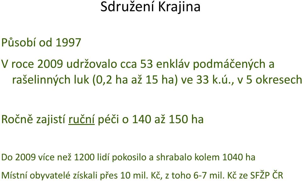 , v 5 okresech Ročně zajistí ruční péči o 140 až 150 ha Do 2009 více než 1200