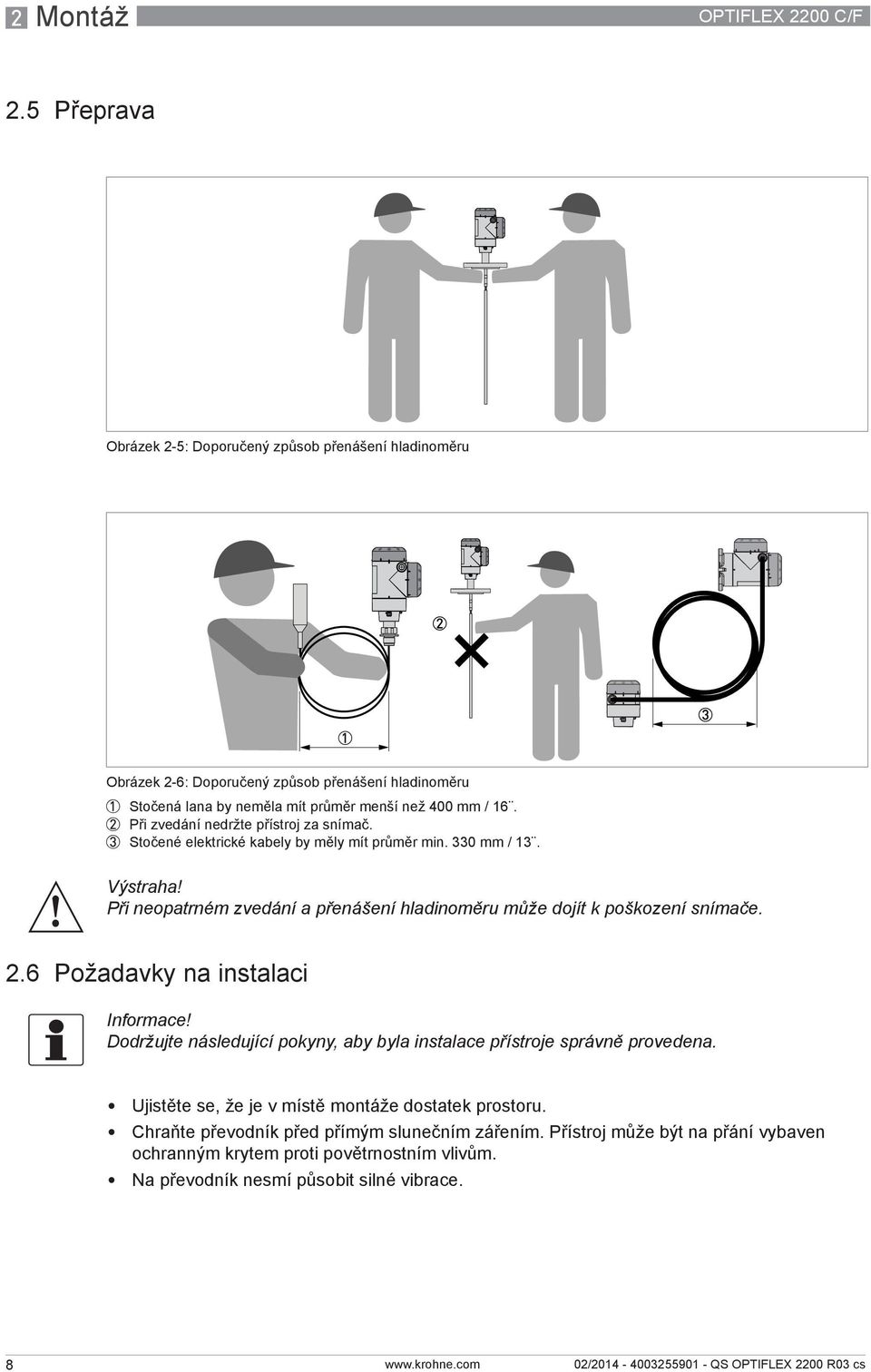 2 Při zvedání nedržte přístroj za snímač. 3 Stočené elektrické kabely by měly mít průměr min. 330 mm / 13. Výstraha!