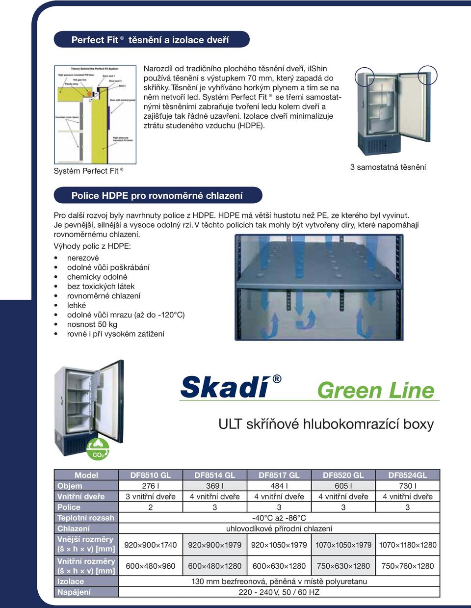 Izolace dveří minimalizuje ztrátu studeného vzduchu (HDPE). Systém Perfect Fit 3 samostatná těsnění Police HDPE pro rovnoměrné chlazení Pro další rozvoj byly navrhnuty police z HDPE.