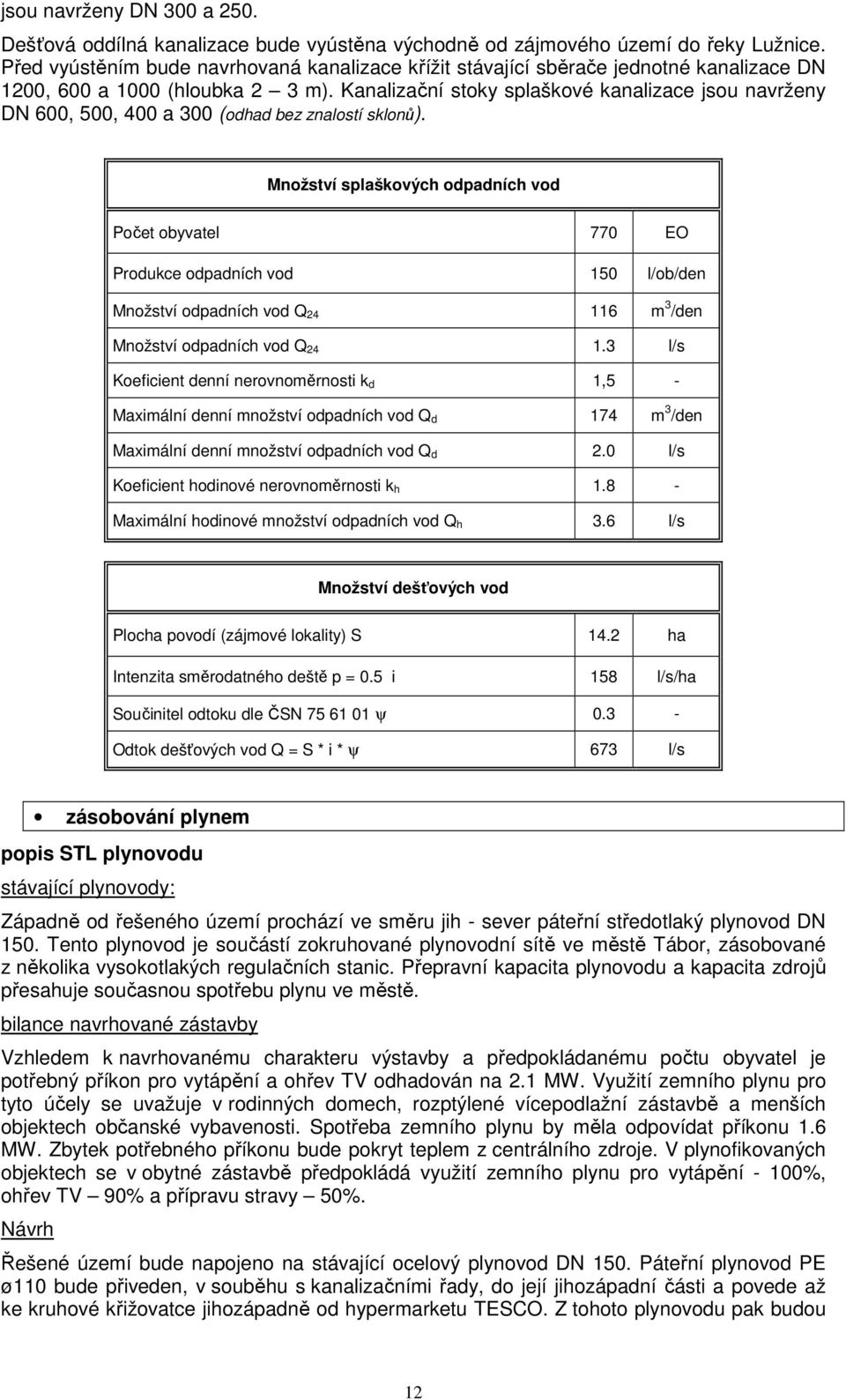 Kanalizační stoky splaškové kanalizace jsou navrženy DN 600, 500, 400 a 300 (odhad bez znalostí sklonů).